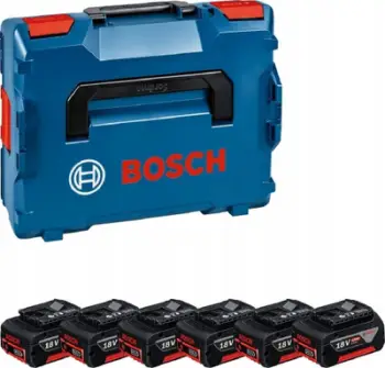Set baterish Bosch GBA 18V ProBlue, 6x 4Ah Li Ion, me kuti L BOXX, blu
