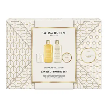 Set Baylis & Harding Mandarin & Grapefruit, xhel dushi, 300 ml + shkumë për vaskë, 300 ml + krem për duar, 50 ml + qiri aromatik, 60 g