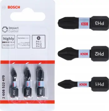 Set bitash kaçavide Bosch Impact Control, PH1 PH2 PH3, 25mm, 3 copë