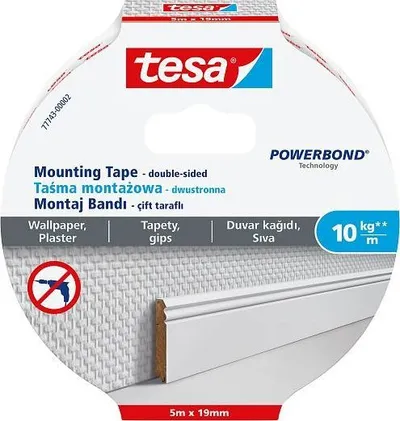 Shirit ngjitës Tesa Powerbond 77743, 5m x 19mm, për letër muri dhe suva, i bardhë - 1