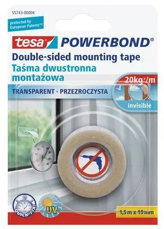 Shirit ngjitës transparent Tesa Powerbond, 19mm x 1.5m, transparent