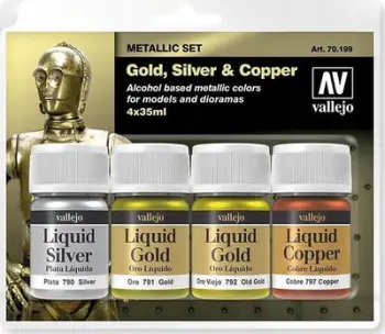 Set bojërash akrilike metalike Vallejo Liquid Gold, 4×35ml, nuanca ari