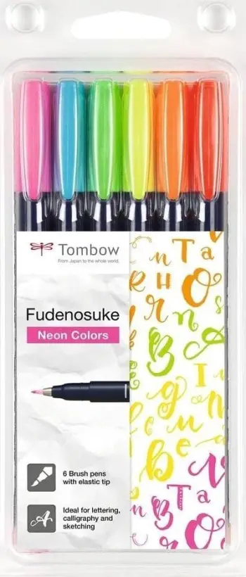 Set brush pena Tombow Fudenosuke Hard Tip, 6 copë, ngjyra neon
