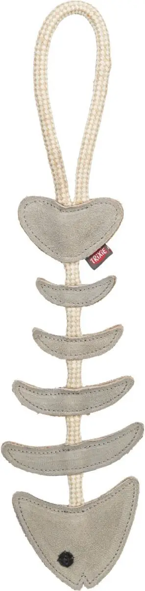 Lodër për qen Trixie Fish Bone, lëkurë e vërtetë, me litar, kafe