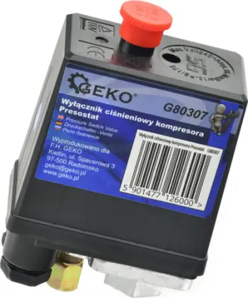 Presostat për kompresor Geko 70, 12 bar, 240V 16A, i zi
