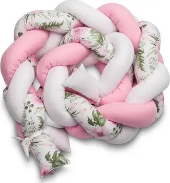 Mbrojtëse për krevat bebe Sensillo Braid, 210cm, dizajn me lule rozë