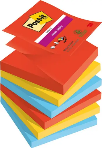 Bllok shënimesh vetëngjitës 3M Post-it Super Sticky Z-Notes PLAYFUL, 76x76mm, 6x90 fletë, shumëngjyrëshe