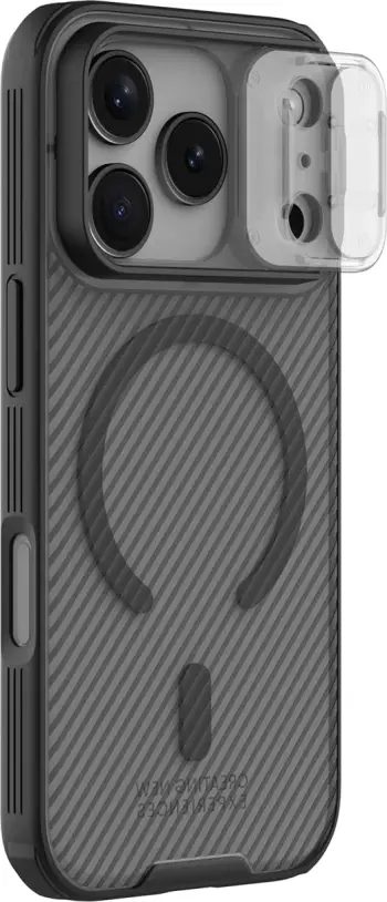 Mbështjellës Nillkin CamShield Pro për iPhone 17 Pro, MagSafe kompatibil, PC+TPU, transparent i zi