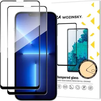 Xham i temperuar Full Glue, Wozinsky, për Samsung Galaxy S25 FE, 9H, transparent me kornizë të zezë, set 2 copë