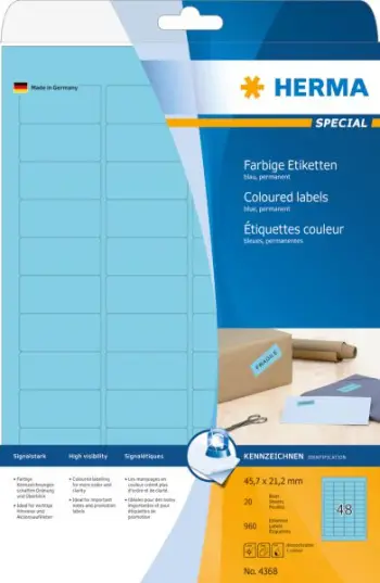 Etiketa ngjitëse Herma Color Labels 4368, A4, 45.7 x 21.2 mm, letër blu mat, 960 copë