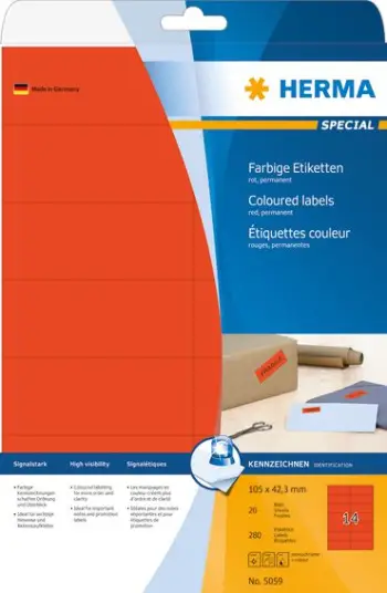 Etiketa ngjitëse HERMA Coloured Labels A4, 105x42.3 mm, 280 copë, letër e kuqe mat