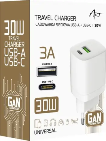 Karikues rrjeti ART GaN PD QC 4.0, 30W, 1x USB C 1x USB A, i bardhë