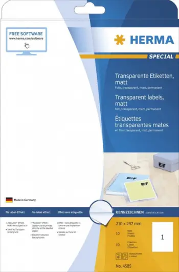 Etiketa transparente Herma A4, 210 x 297 mm, ngjitës permanent, 10 copë