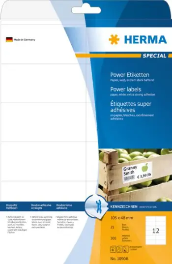 Etiketa vetëngjitëse Herma 10908, A4, 105 x 48 mm, ngjitje shumë e fortë, letër e bardhë mat