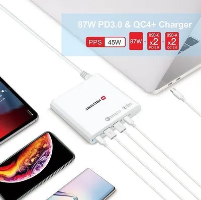 Karikues për notebook Swissten 87W, 2x USB, 2x USB C, i bardhë - 2