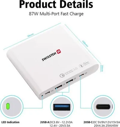 Karikues për notebook Swissten 87W, 2x USB, 2x USB C, i bardhë - 3