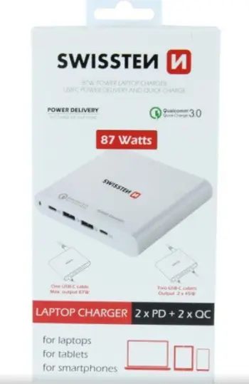Karikues për notebook Swissten 87W, 2x USB, 2x USB C, i bardhë