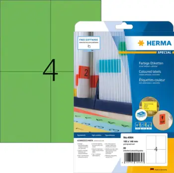 Etiketa vetëngjitëse HERMA 4564, drejtkëndore, A4, jeshile, 80 copë