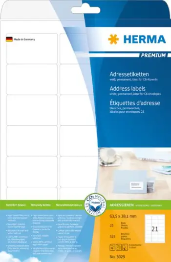 Etiketa vetëngjitëse Herma Premium 5029, A4, 63.5 x 38.1 mm, letër e bardhë mat, 525 copë