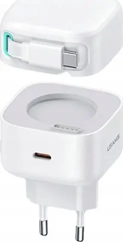Karikues rrjeti Usams PD QC, 1xUSB-C 35W GaN, kabllo USB-C tërheqëse, i bardhë