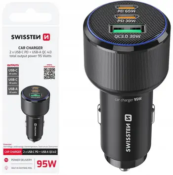 Karikues veture Swissten Car Charger, 95W, 2x USB-C PD 1x USB-A QC 3.0, i zi