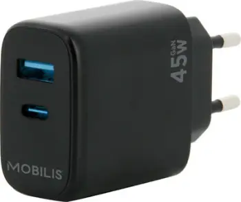 Karikues universal Mobilis 001363, USB C dhe USB A, GaN, i zi