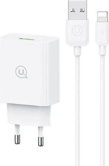 Karikues USB Usams SC Series CC083, 18W QC3.0, kabllo Lightning 1m, i bardhë