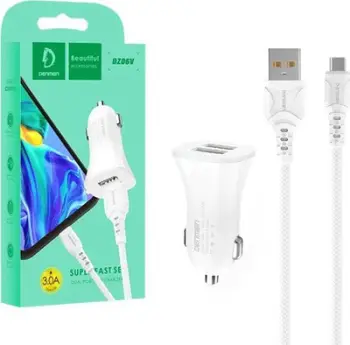 Karikues veture Denmen DZ06T, 15W, 3A, 2xUSB me kabllo Type C, i bardhë