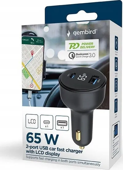 Karikues veture Gembird, 65W, USB C PD, ekran LCD, i zi - 1
