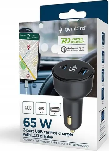Karikues veture Gembird, 65W, USB C PD, ekran LCD, i zi