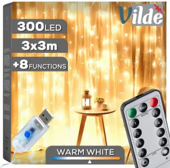 Perde drita dekorative Vilde Curtain Lights, 300 LED, 3 m, me telekomandë, dritë e bardhë e ngrohtë