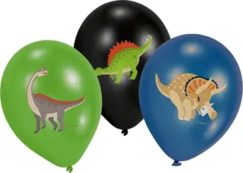 Set tullumbacesh Amscan Happy Dinosaur, 6 copë, lateksi, të gjelbra të zeza dhe blu