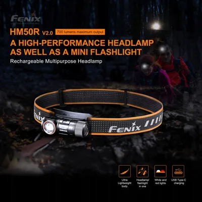 Llambë koke Fenix HM50R V2.0, 700 lumens, IP68, e zezë portokalli - 2