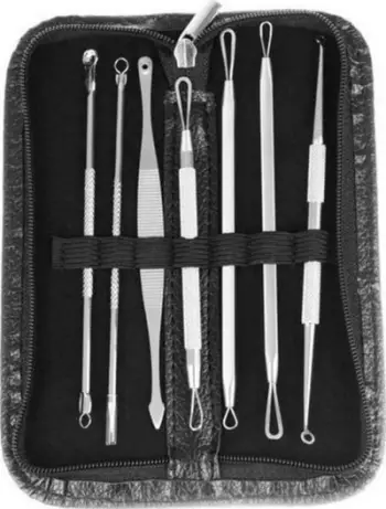 Set veglash për komedone, 7 mjete dyanëshe, çelik inox, me etui