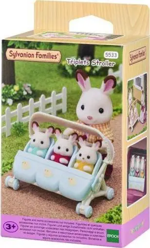 Aksesor lodër Sylvanian Families Triplets Stroller, karrucë trinjakësh, blu e bardhë