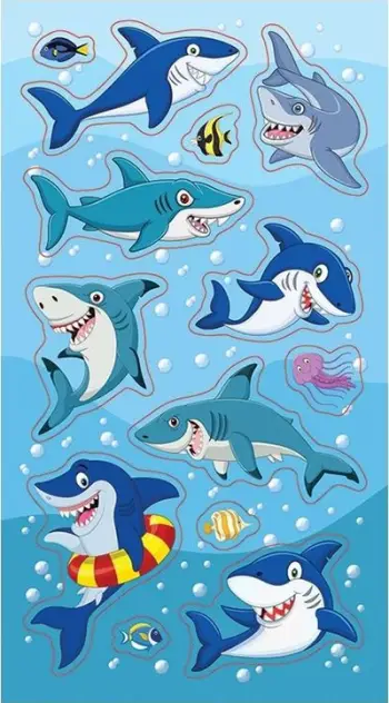 Sticker ngjitës dekorativ Shark Stickers, set me peshkaqenë, shumëngjyrëshe