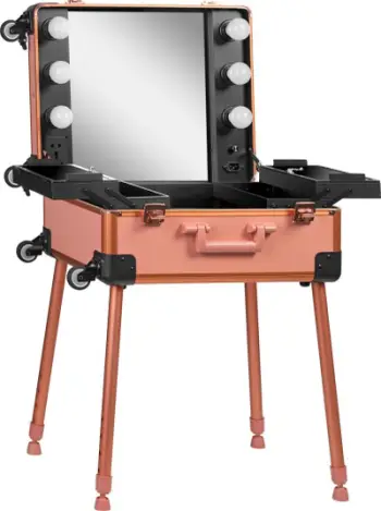 Valixhe kozmetike Trunk T-27, me rrota, pasqyrë me ndriçim, rose gold