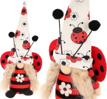 Figurinë dekorative Saska Gift and Decor Gnome Ladybug Girl, 24 cm, pranverë Pashkë, e kuqe e bardhë