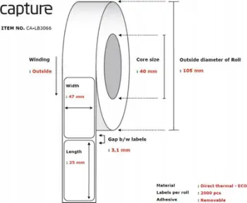 Rrotull letre termike Capture CA LB3066, për printer etiketa, e bardhë