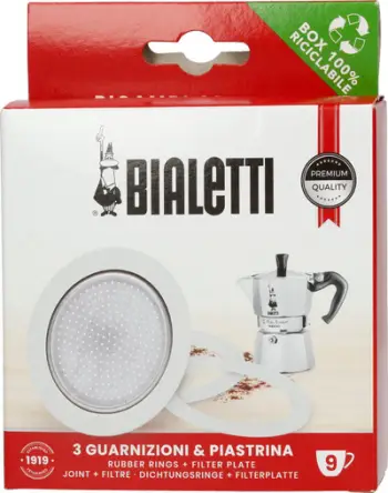 Set zëvendësues për kafetiere Bialetti Moka, 3 unaza gome, 1 sitë, për 9 filxhanë