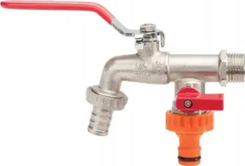 Rubinet kopshti Double Duo, dalje dyshe, valvul me sferë, 1/2" 3/4" BSP, dorezë e kuqe