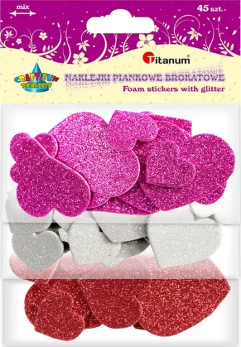 Ngjitëse dekorative shkumë Titanum Glitter Hearts, 45 copë, zemra, shumëngjyrëshe