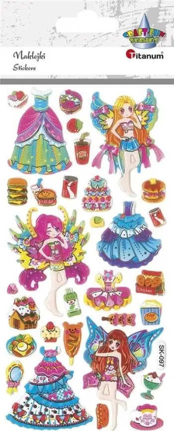 Ngjitëse dekorative Titanum Convex Stickers Fairies And Outfits Mix, set 50 copë, shumëngjyrëshe