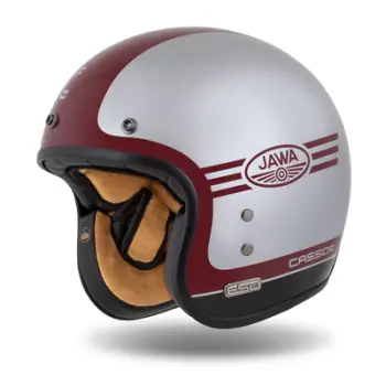 Helmetë moto CASSIDA ESO Jawa Panel 2026, e hapur neo retro, fiberglass, e kuqe argjendtë e zezë