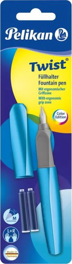 Stilolaps me bojë Pelikan Twist, majë mesatare, 2 fishekë boje, frost blu