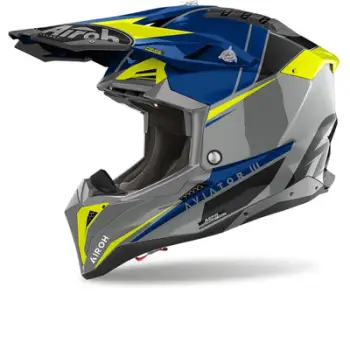Helmetë motocross Airoh Aviator 3 Push, karbon, madhësia S, gri blu neon e verdhë e zezë