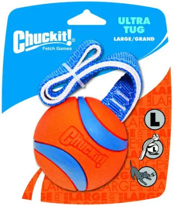 Lodër tërheqëse për qen Chuckit Ultra Tug, top gome me rrip, madhësi Large, shumëngjyrëshe