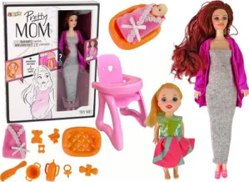 Kukull shtatzënë Pregnant Doll, flokë të gjata, aksesorë, kafe
