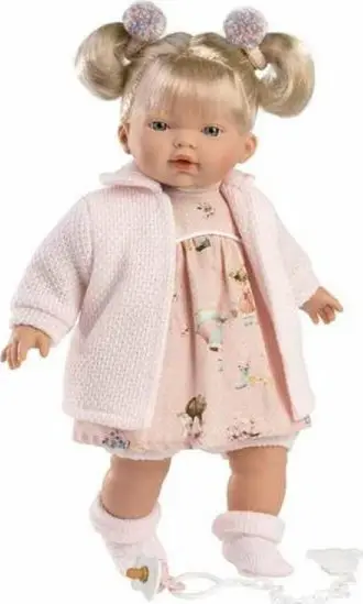 Kukull bebe Llorens Roberta, 33 cm, me biberon, rozë