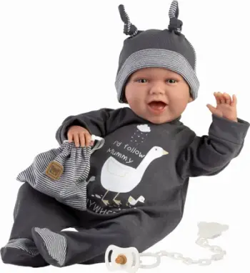 Kukull bebe Lloro Llorens Mimo, 42 cm, tinguj bebe, trup prej materiali, gri